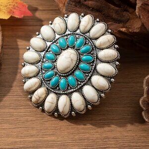 South Western Brooch Vintage Inspired Turquoise Pin Bohemian Style Blue & White